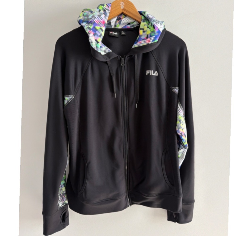 Fila Sport Womens XL Black Full Zip Hoodie‎ Geometric Print Accents Thumbholes